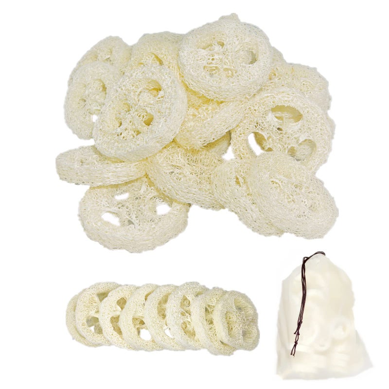 25Pcs Natural Loofah Slices of 2In Reusable Natural Loofah Cuts for Cleaner Sponge Scrubber Facial Soap Holder and DIY Customize Soap Tools for Wholesome Skin Care and Exfoliation with 1 Storage Bag